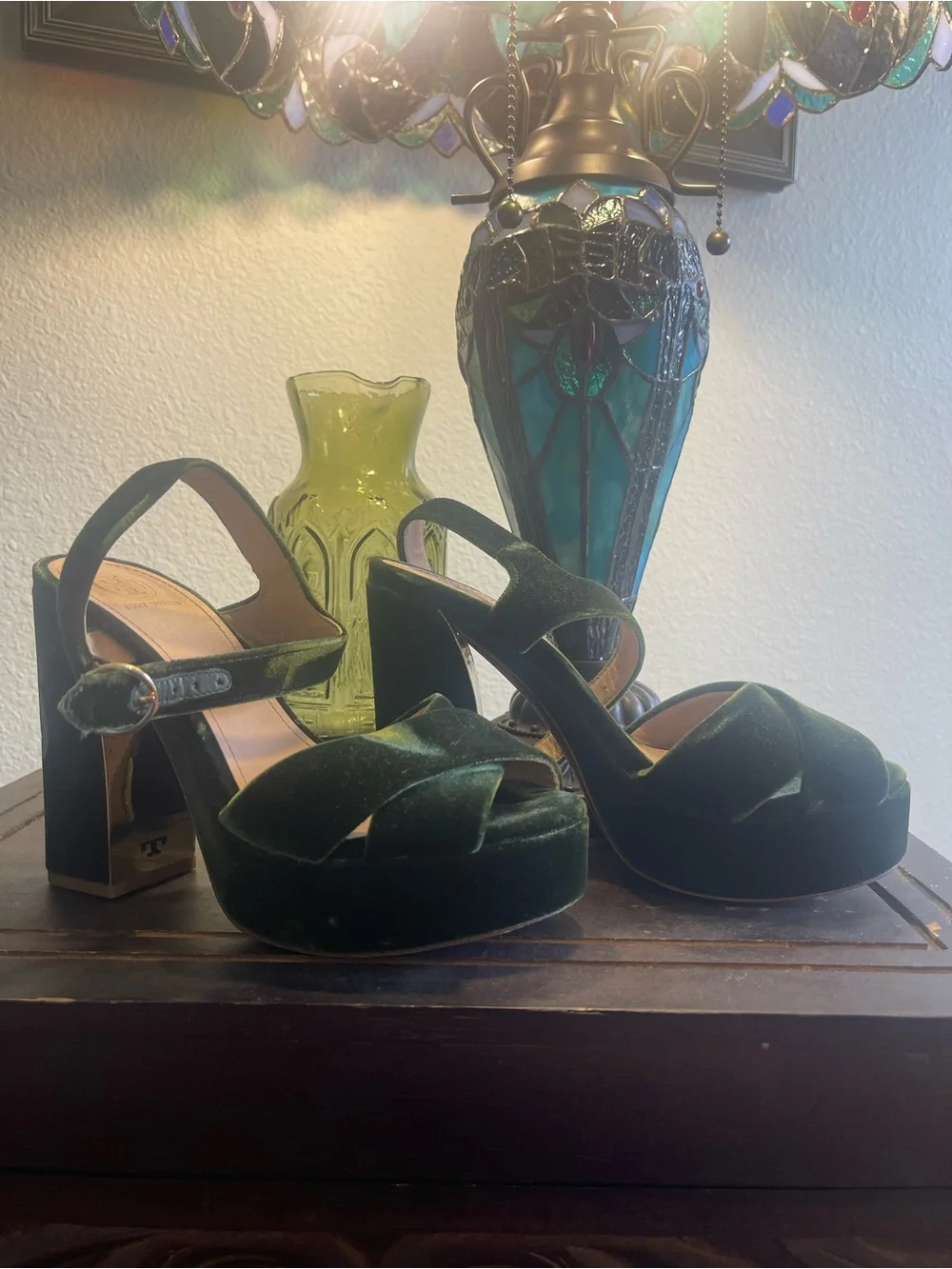 Tory Burch Green Velvet Platform Heels - Women Shoes